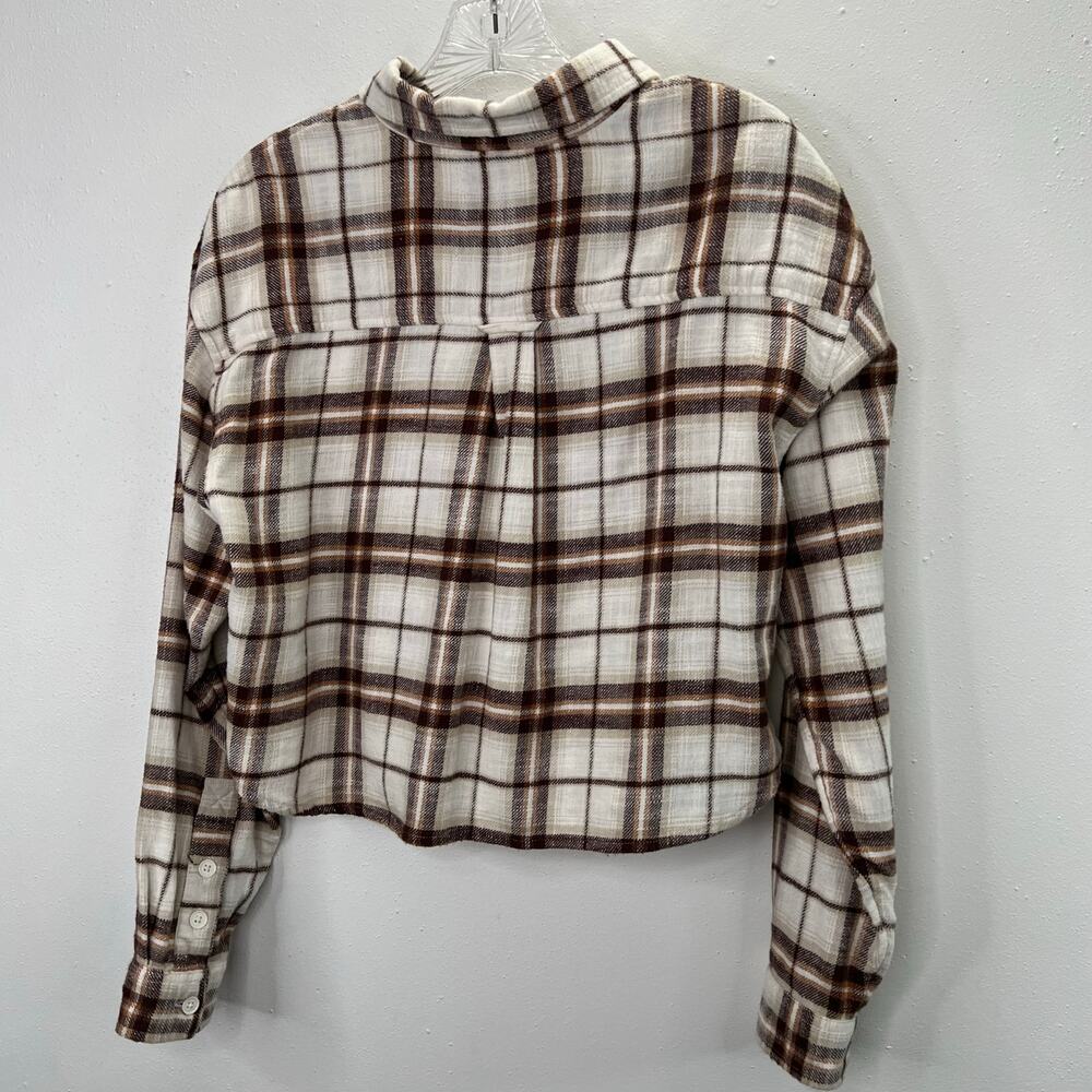 American Eagle Flannel Shirt Cropped XS Women Brown Beige 100% Cotton Neutral - Picture 3 of 6